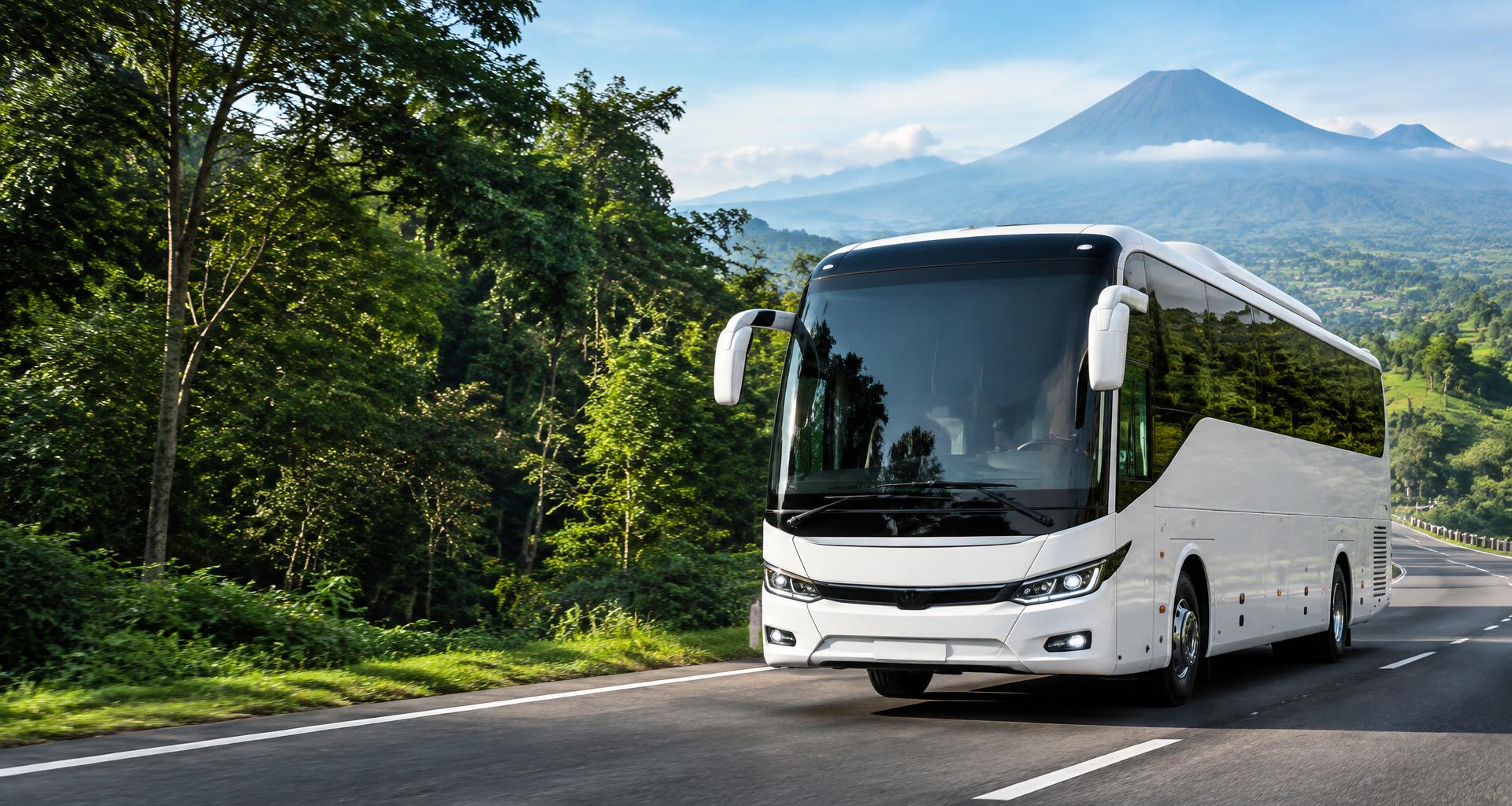 Ilustrasi bus pariwisata di jalan dengan pemandangan pegunungan Indonesia